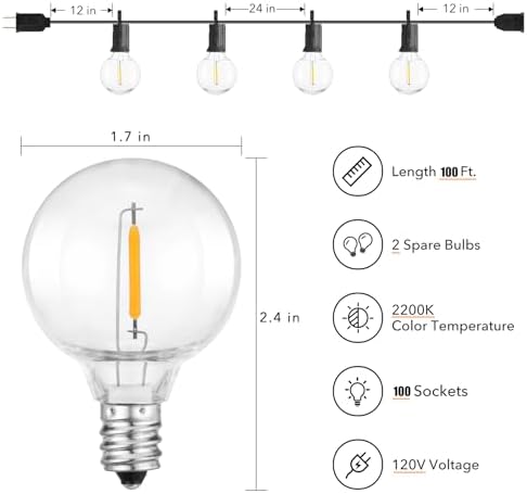 LED Outdoor String Lights Patio Lights 100FT with 104 LED Bulbs, Shatterproof Weatherproof Commercial Hanging, alternate view