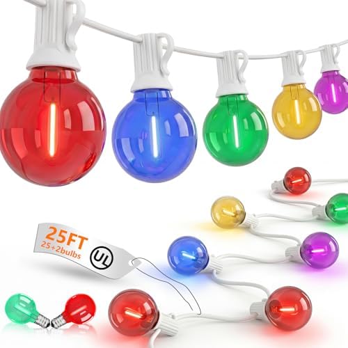 LED Outdoor String Lights Plug in, 25FT 27 G40 Shatterproof Multicolor Bulb