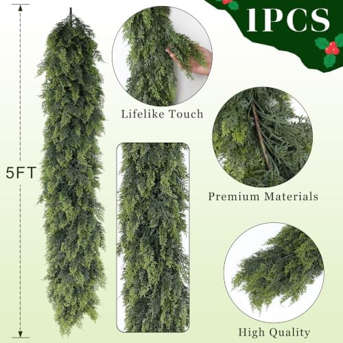 Lifelike Touch Artificial Christmas Cedar Garland for Mantle (5FT 1PCS), alternate view 5