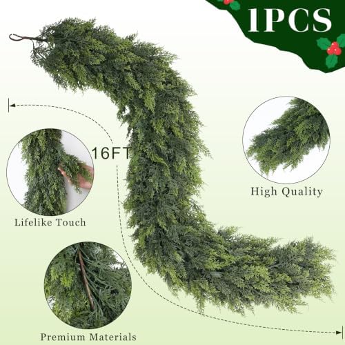 Lifelike Touch Artificial Christmas Cedar Garland for Stairs (16FT 1PCS), alternate view 5