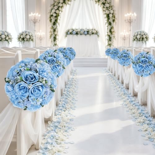 Light Blue Flower Ball Centerpieces for Tables 10 PCS Rose Ball for Wedding in Blue, alternate view 6