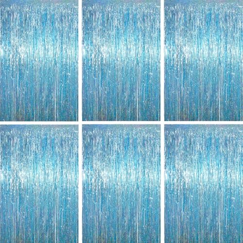 Light Blue Foil Fringe Backdrop Curtains, 3.3x6.6ft, 6pcs in 3.3x6.6ft