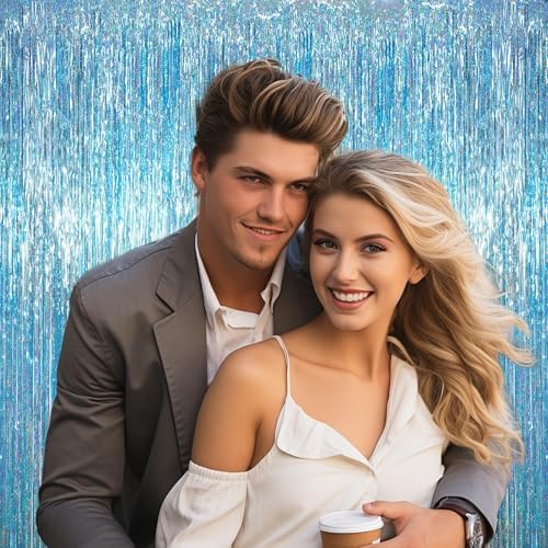Light Blue Foil Fringe Backdrop Curtains, 3.3x6.6ft, 6pcs in 3.3x6.6ft, alternate view 6