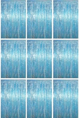 Light Blue Foil Fringe Backdrop Curtains, 3.3x6.6ft, 9pcs in 3.3x6.6ft
