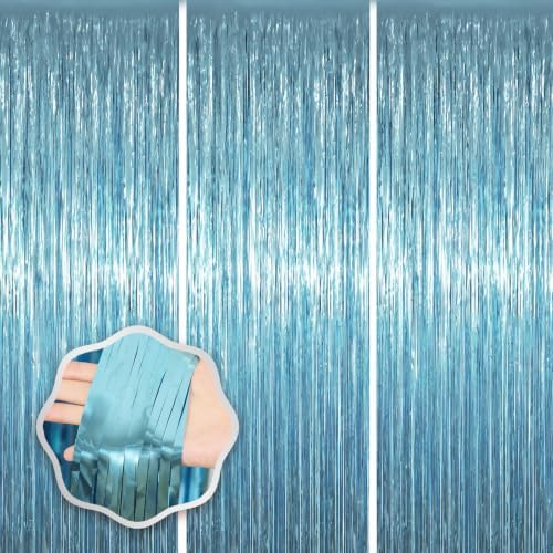 Light Blue Foil Fringe Backdrop Curtains, 3.3x8.2ft, 3 Pack in 3.3x8.2ft