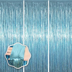 Light Blue Foil Fringe Backdrop Curtains, 3.3x8.2ft, 3 Pack in 3.3x8.2ft