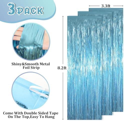Light Blue Foil Fringe Backdrop Curtains, 3.3x8.2ft, 3 Pack in 3.3x8.2ft, alternate view 3
