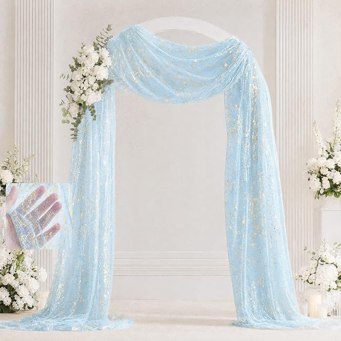 Light Blue Wedding Arch Draping Fabric 28" x 20FT, Glitter Sheer Backdrop Drapes for Wedding Ceremony Birthday
