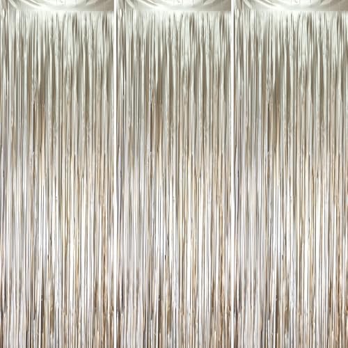 Light Champagne Foil Fringe Backdrop Curtains,3.3x8.2ft, 3 Pack in 3.3x8.2ft
