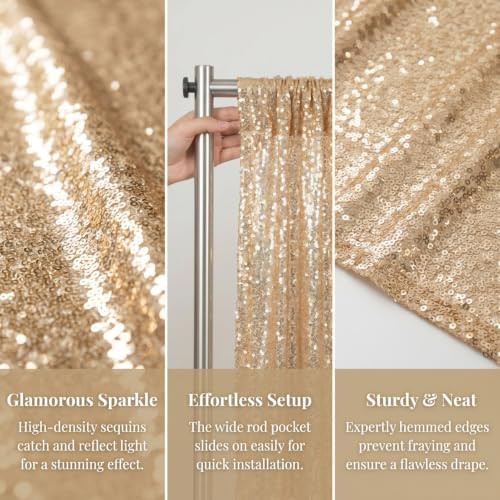 Light Gold Sequin Backdrop 8x10ft Fabric Drapes Birthday Party in 8FTx10FT in Lightgold, alternate view 3