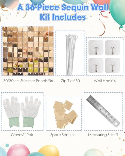 Light Gold Shimmer Wall Backdrop 36 Panels Cover 6 x 6 Ft, Photo Backdrops for Wedding, Anniversary, Birthday, alternate view