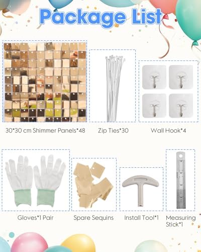 Light Gold Shimmer Wall Backdrop 48 Panels Cover 8 x 6 Ft, Photo Backdrops for Wedding, Anniversary, Birthday, alternate view