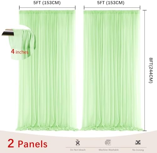 Light Green Backdrop Curtains for Parties, Chiffon Photo Backdrop Drapes 2 Panels 5x8ft Sheer Outdoor Curtain, alternate view