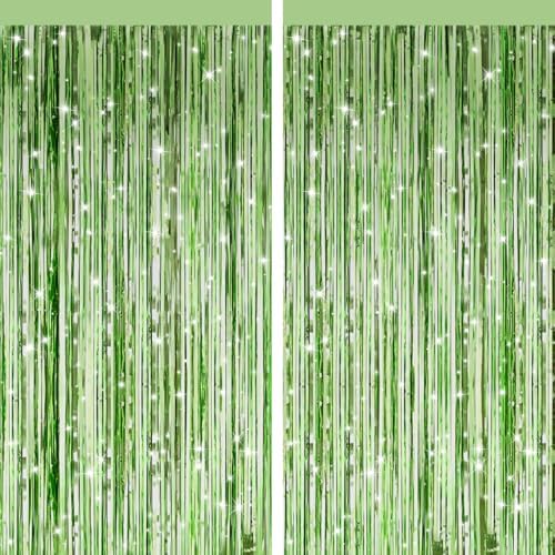 Light Green Metallic Fringe Curtains 2 Pack, Tinsel Backdrop for Parties