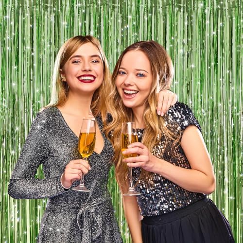 Light Green Metallic Fringe Curtains 2 Pack, Tinsel Backdrop for Parties, alternate view 5