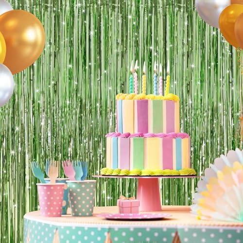 Light Green Metallic Fringe Curtains 2 Pack, Tinsel Backdrop for Parties, alternate view 6