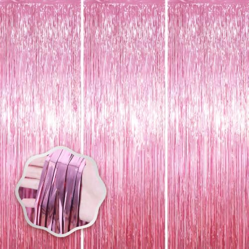 Light Pink Foil Fringe Backdrop Curtains, 3.3x8.2ft, 3 Pack in 3.3x8.2ft