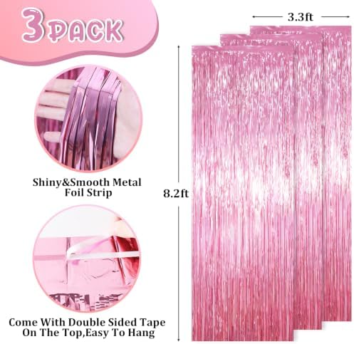 Light Pink Foil Fringe Backdrop Curtains, 3.3x8.2ft, 3 Pack in 3.3x8.2ft, alternate view 3