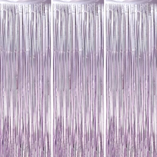 Light Purple Foil Fringe Backdrop Curtains,3.3x8.2ft, 3 Pack in 3.3x8.2ft