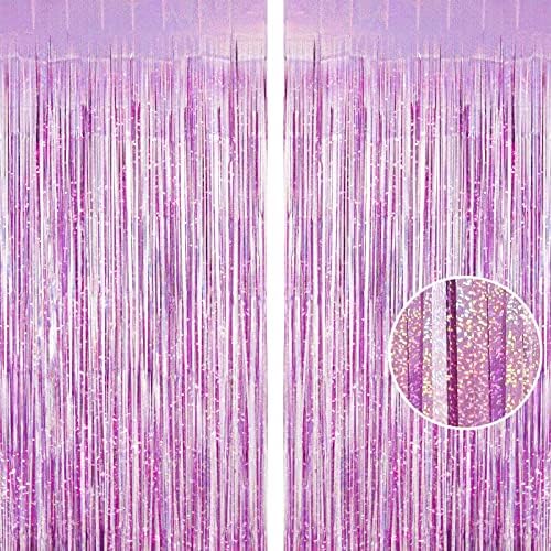 Light Purple Fringe Curtain Backdrop, 2 Pack Tinsel Foil Fringe Curtains Party Decorations Streamers, Xmas Light