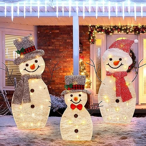 Light Up Snowman Family, Pre-Lit 60 Lights Christmas Collapsible Snowman Outdoor Decoration, Outdoor Lighted