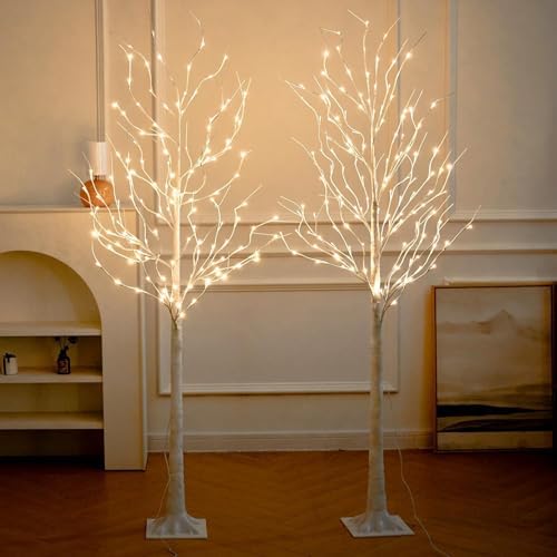Lighted Birch Tree, 2 Pack 6 Feet 144 Warm White Lights, Prelit White Artificial Christmas Trees for Indoor