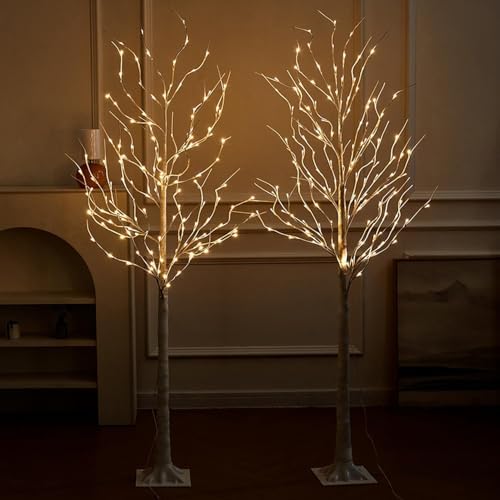 Lighted Birch Tree, 2 Pack 6 Feet 144 Warm White Lights, Prelit White Artificial Christmas Trees for Indoor, alternate view 2