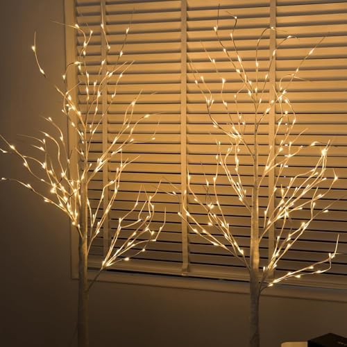 Lighted Birch Tree, 2 Pack 6 Feet 144 Warm White Lights, Prelit White Artificial Christmas Trees for Indoor, alternate view 5