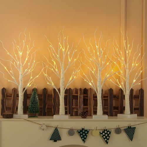 Lighted Birch Tree, 4 Pack 2FT Tree Indoor, Battery Operated Artificial Tree with 24 Warm White Lights, Inside