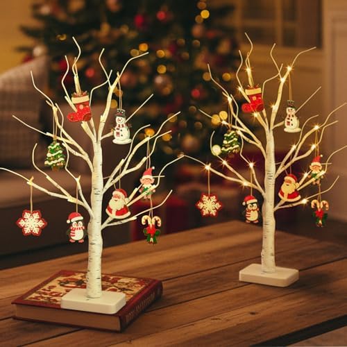 Lighted Birch Tree with Ornaments, 2 Pack Small Christmas Trees, alternate view 2