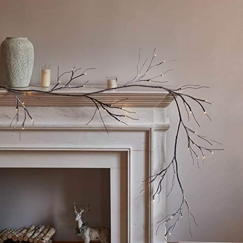 Lighted Garland Snow Flocked with Timer 6FT 48 LED Battery Operated Pre-lit Twig Vine Firepalce Mantle Table