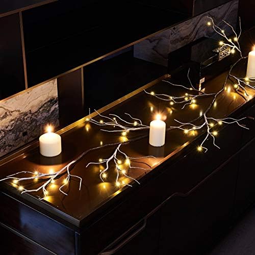 Lighted Garland Snow Flocked with Timer 6FT 48 LED Battery Operated Pre-lit Twig Vine Firepalce Mantle Table, alternate view