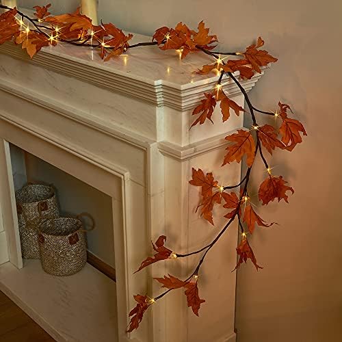 Lighted Maple Leaf Garland with Timer 6FT 24 Warm White LED, Fall Garland with Lights Battery Operated for, alternate view 4