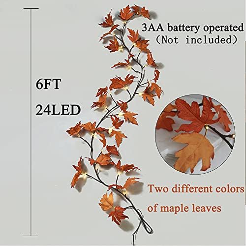 Lighted Maple Leaf Garland with Timer 6FT 24 Warm White LED, Fall Garland with Lights Battery Operated for, alternate view 5