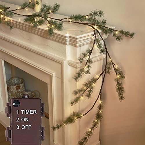 Lighted Pine Garland Battery Operated with Timer 6FT 48 Lights, Christmas Garland with Lights for Indoor Outdoor