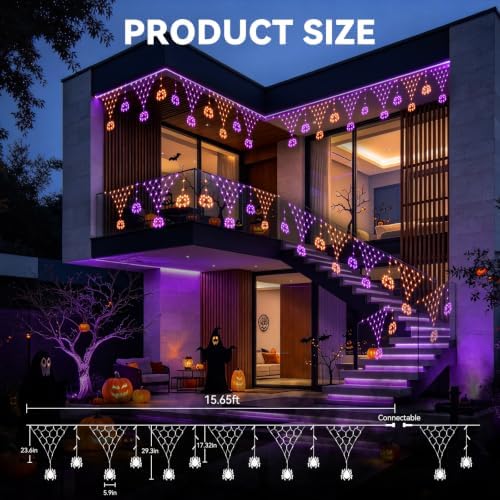 Lights Outdoor Decorations 13.8ft 200 LED String Lights with 11 Spiders, Curtain Fairy Light with 8 Modes for, alternate view