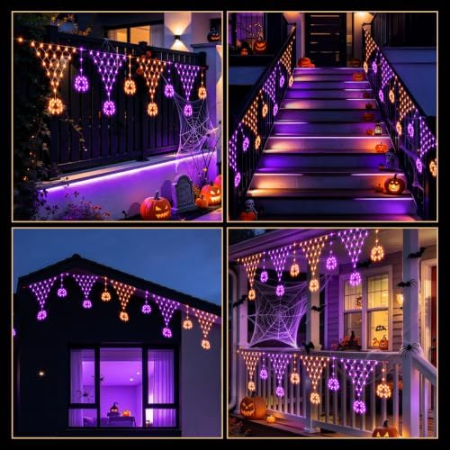 Lights Outdoor Decorations 13.8ft 200 LED String Lights with 11 Spiders, Curtain Fairy Light with 8 Modes for, alternate view