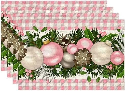 Linen Pink and White Buffalo Check Plaid Christmas Placemats Set of 4 Farmhouse Winter Christmas Xmas Holiday
