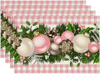Linen Pink and White Buffalo Check Plaid Christmas Placemats Set of 4 Farmhouse Winter Christmas Xmas Holiday