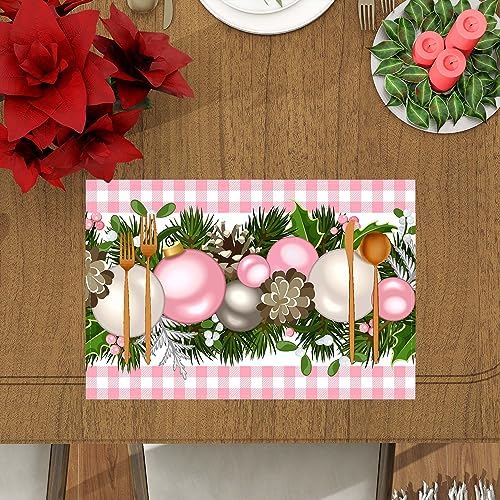 Linen Pink and White Buffalo Check Plaid Christmas Placemats Set of 4 Farmhouse Winter Christmas Xmas Holiday, alternate view