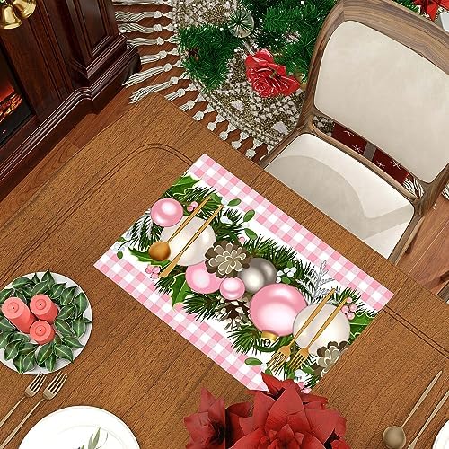 Linen Pink and White Buffalo Check Plaid Christmas Placemats Set of 4 Farmhouse Winter Christmas Xmas Holiday, alternate view