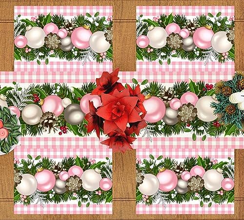 Linen Pink and White Buffalo Check Plaid Christmas Placemats Set of 4 Farmhouse Winter Christmas Xmas Holiday, alternate view