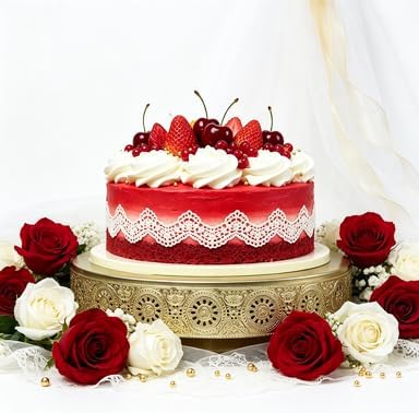 Luxury Gold Cake Stand, Round Metal Dessert Display with Ornate Floral Filigree Lace, Dual‐Coated Premium Finish, alternate