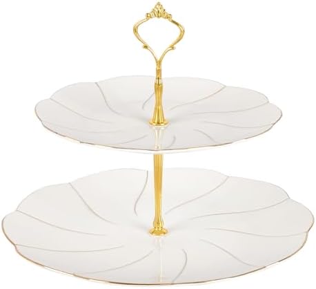 Luxury Larger 2-Tier Cupcake Stand Tower, British Style Porcelain Serving Tray with Golden Trim, Food Grade
