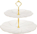 Luxury Larger 2-Tier Cupcake Stand Tower, British Style Porcelain Serving Tray with Golden Trim, Food Grade