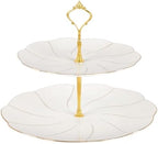 Luxury Larger 2-Tier Cupcake Stand Tower, British Style Porcelain Serving Tray with Golden Trim, Food Grade
