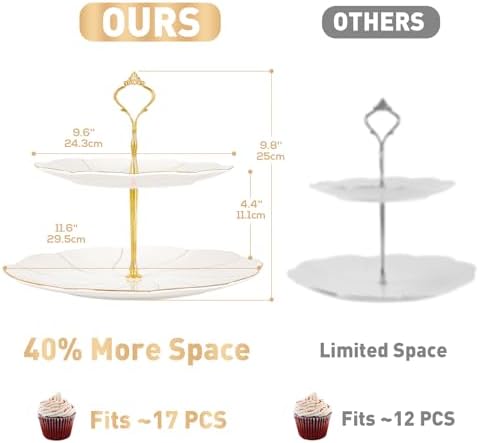 Luxury Larger 2-Tier Cupcake Stand Tower, British Style Porcelain Serving Tray with Golden Trim, Food Grade, alternate view 2