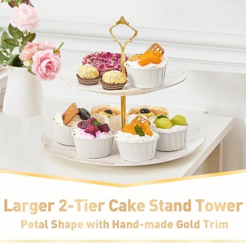 Luxury Larger 2-Tier Cupcake Stand Tower, British Style Porcelain Serving Tray with Golden Trim, Food Grade, alternate view 3