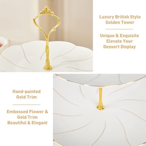 Luxury Larger 2-Tier Cupcake Stand Tower, British Style Porcelain Serving Tray with Golden Trim, Food Grade, alternate view 4
