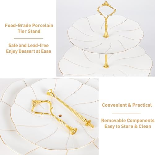 Luxury Larger 2-Tier Cupcake Stand Tower, British Style Porcelain Serving Tray with Golden Trim, Food Grade, alternate view 5